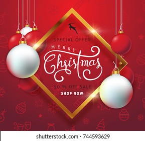 Merry christmas sale background with Christmas ball ornament and icon set pattern.Vector illustration template. Merry christmas sale background with Christmas ball ornament and icon set pattern.Vector illustration template.