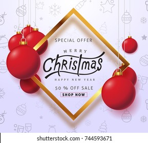 Merry christmas sale background with Christmas ball ornament and icon set pattern.Vector illustration template.