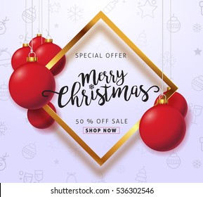 Merry christmas sale background with Christmas balls hanging ornament and icon set pattern. Vector illustration.Wallpaper.flyers, invitation, posters, brochure, banners, calendar