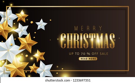 Merry christmas sale background Decorated with Gold and silver Stars.Vector illustration template.