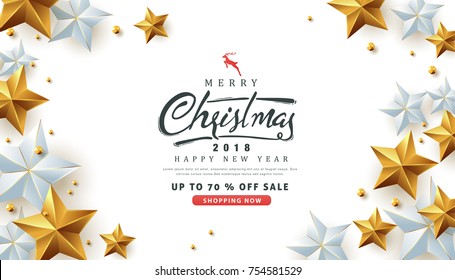 Merry Christmas Sale Background Decorated With Gold And Silver Stars.Vector Illustration Template.