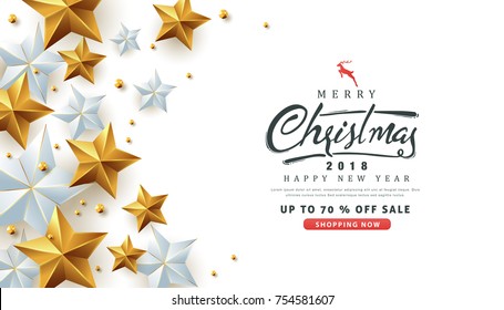 Merry christmas sale background Decorated with Gold and silver Stars.Vector illustration template.