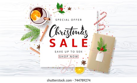 Merry Christmas Sale Background. Festive Composition with Paper Gift Box and Xmas Symbols for Happy New Year. Vector Illustration with Promo Discount Offer. Greeting Card.