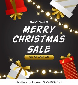 Merry Christmas Sale Banner with up to 45% off. Vector. Illustration. Christmas Sale Poster With Gift Box. 45% Discount. Don't Miss It.