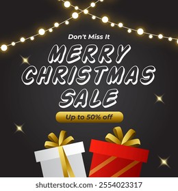 Merry Christmas Sale Banner with up to 50% off. Vector. Illustration. Christmas Sale Poster With Gift Box. 50% Discount. Don't Miss it.