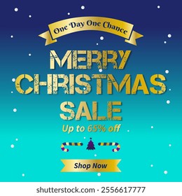 Merry Christmas Sale banner with Up to 65% off, Christmas Sale Poster for Retail, Shopping and Social Media and web Ads. Christmas Sale Banner in Blue and gold style. 65% Discount. One Day One Chance.