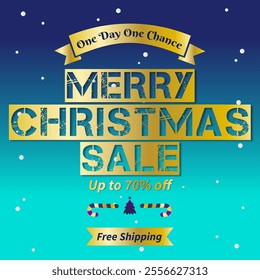 Merry Christmas Sale banner with Up to 70% off. Vector. One Day One Chance. Shop Now. 70% Discount. Christmas Sale banner for social media and website ads. 70% off.