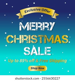 Merry Christmas Sale Banner with Up to 85% off and Free Shipping. Christmas Sale Poster for Retail, Shopping or Merry Christmas Banner in Blue and gold style. 85% Discount. Exclusive Offer. Shop Now.