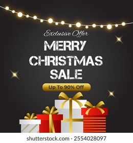 Merry Christmas Sale Banner with up to 90% off. Vector. Illustration. Christmas Sale Poster With Gift Box for social media ads. 90% Discount. Exclusive Offer.