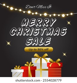 Merry Christmas Sale Banner with up to 95% off. Vector. Illustration. Christmas Sale Poster With Gift Box for social media ads. 95% Discount. Don't Miss It.