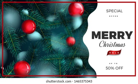 Merry Christmas sale banner, abstract festive background with fir tree forest vector promo poster design