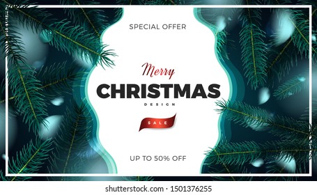 Merry Christmas sale banner, abstract festive background with fir tree forest vector promo poster design