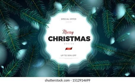 Merry Christmas sale banner, abstract festive background with fir tree forest vector promo poster design