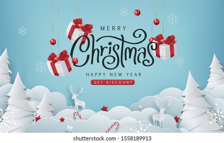 Merry christmas sale banner background.Merry Christmas text Calligraphic Lettering Vector illustration. 