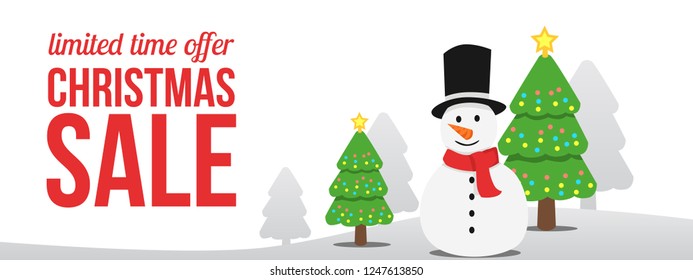 Merry Christmas sale banner design template with snowman and fir tree decoration. Vector illustration. cartoon flat style.