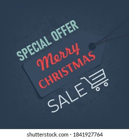Merry Christmas sale banner with fashion label tag. Vector illustration
