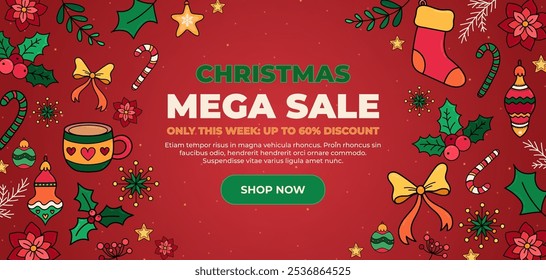 Merry Christmas Sale Banner. Festive Red Background with Holly, Ribbons, Stockings, Baubles, Poinsettias, and Candy Canes