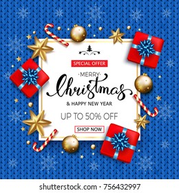Merry Christmas sale banner with gift boxes golden stars and bubbles on blue knitted background. Vector illustration template greeting cards with hand lettering
