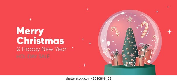 Merry Christmas Sale banner. Glass snow ball, green Xmas tree, red gift boxes, candy. Vector illustration