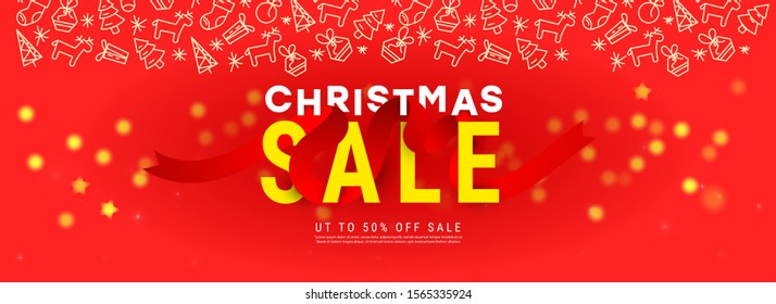 Merry Christmas sale banner with glitter confetti, red ribbons, text on red background with copy space. Horizontal banner, poster, header website.