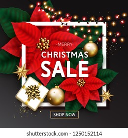 Merry Christmas Sale Banner With Glowing Garland, Gift Box, Golden Bubbles, Stars and Poinsettia Flowers On Black Background. Winter vector illustration template