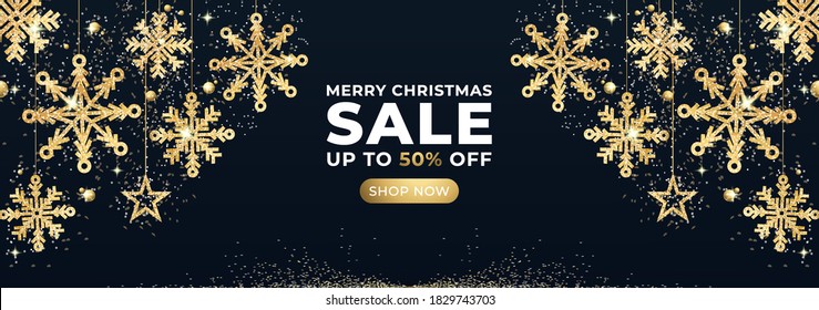 Merry Christmas Sale banner with golden glitter snowflakes and star. Shop now.  Web concept. Xmas vector design