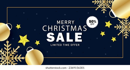 Merry Christmas sale banner with golden decorations