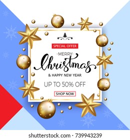 Merry Christmas sale banner with golden stars and  bubbles. Vector illustration template greeting cards with hand lettering