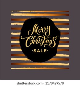 Merry Christmas Sale banner on striped background. Merry Christmas handwritten lettering for Happy holidays greeting card, postcard motive, badge, web, invitation, poster.