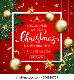 Merry Christmas sale banner with pine branches decorated, gold stars and bubbles on red background. Vector illustration template greeting cards with hand lettering.