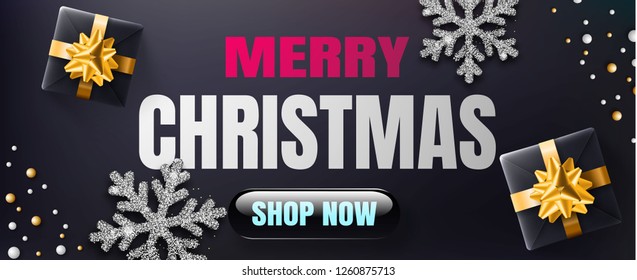 Merry Christmas Sale banner or promotion poster, template for design with realisticgift box, 3d snowflake and  balls. Shop now button. Vector illustration EPS10