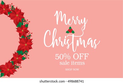 Merry Christmas sale banner with red poinsettia.Sale Banner.Web banner or poster for e-commerce, on-line cosmetics shop, fashion & beauty shop, store.Vector illustration EPS 10