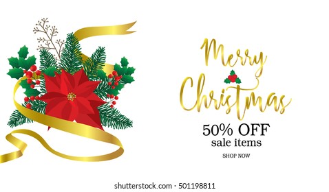 Merry Christmas sale banner with red poinsettia.Sale Banner.Web banner or poster for e-commerce, on-line cosmetics shop, fashion & beauty shop, store.Vector illustration.