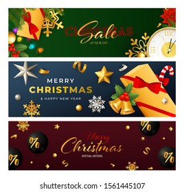 Merry Christmas Sale banner set with clock, streamer, present box, fir tree, snowflakes. Vector illustration for festive posters, greeting cards, postcards