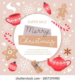 Merry Christmas sale banner with snowflakes, gingerbread cookies, sweets and a hot drink, vector illustration in flat style