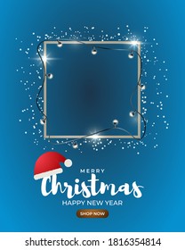 Merry Christmas sale banner with square frame wrapped with christmas light balls and confetti, santa cap, happy new year, shop now, template for websites. Vector illustration 
