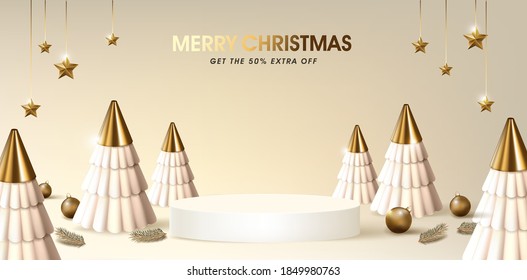 Merry Christmas sale banner template with product display podium 