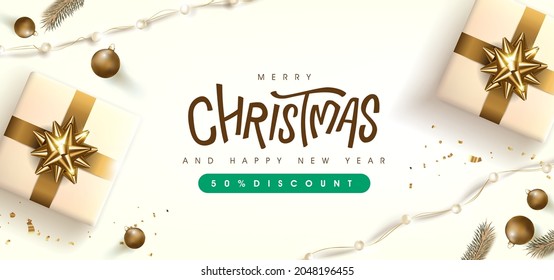 Merry Christmas sale banner template with golden festive decoration for christmas