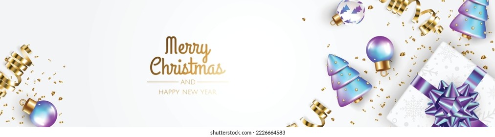Merry Christmas sale banner template with realistic 3d objects, gift box, blue and white balls. Greeting card, banner, poster, header for website