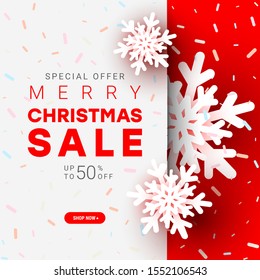 Merry Christmas sale banner with white xmas paper cut snowflake and discute lettering on gradient background. Vector illustration.