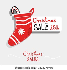 Merry Christmas sale with candycane in sock, vector winter holiday discount with red color and white lines. Creative hand drawn season sale for business. Eps 10 vector