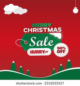 Merry Christmas Sale Design Template. Happy Christmas Sale Discount Template. Save up to 50%. Editable EPS file with trees, snow, reindeer and clouds.