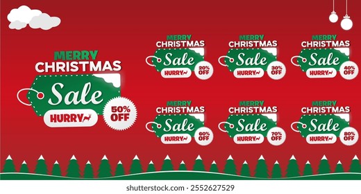 Plantilla de diseño de venta de Navidades alegres. Plantilla de descuento de venta de Navidades felices. Guardar Hasta el 20%, 30%, 40%, 50%, 60%, 70% y 80%. Archivo EPS editable con árboles, nieve, renos y nubes.