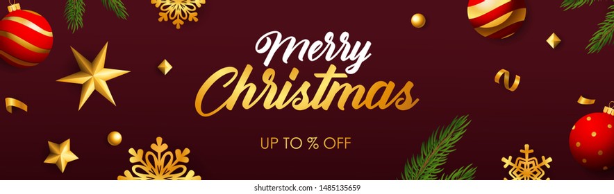Merry Christmas Sale design with Christmas toys, fir branch and gold decoration on dark red background. Up to percent lettering can be used for posters, leaflets, announcements