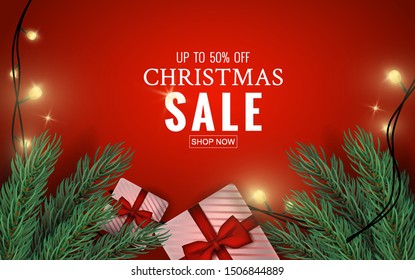 Merry Christmas sale emblem . Background with realistic fur-tree with balls, gift box with lettering. Background Xmas design 3d. Poster, greeting cards, head