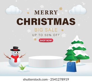 Vrolijke kerstverkoop met leeg podium, boodschappentas, sneeuwboom. Kerstachtergrond met sneeuw en sneeuwvlokken met kersttekst en winkel nu