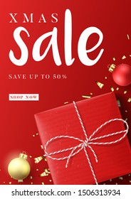 Merry Christmas sale flyer template. Holiday flyer with realistic red gift box, balls and golden confetti. Vector illustration. Ads social media web banner for sale and product promo.