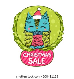 Merry Christmas SALE greeting card background with an owl. Holiday vector illustration