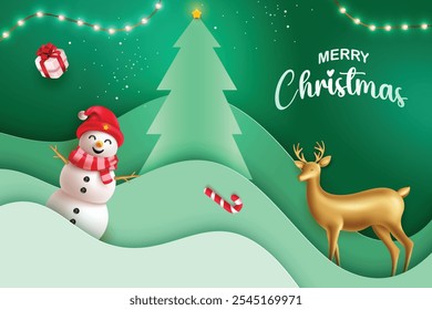 Feliz Venta De Navidades Con Luces Colgantes Sobre Fondo De Color Verde. Ilustración vectorial festiva de la Navidad para la promoción de la oferta de la venta del descuento, tarjeta de felicitaciones, Sitio web, anuncio, comercio electrónico.