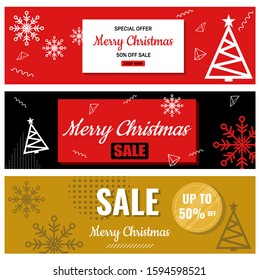 Merry Christmas Sale horizontal banner, trees, snowflakes on red black gold color background, Vector illustration, Special offer, Festive Holiday